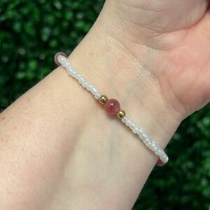 Handcrafted Strawberry Quartz + Seed Bead Stretch Bracelet